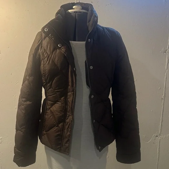 Eddie Bauer Brown goose down Quilted Puffer Jacket w zipper & pockets buttons - Picture 1 of 16